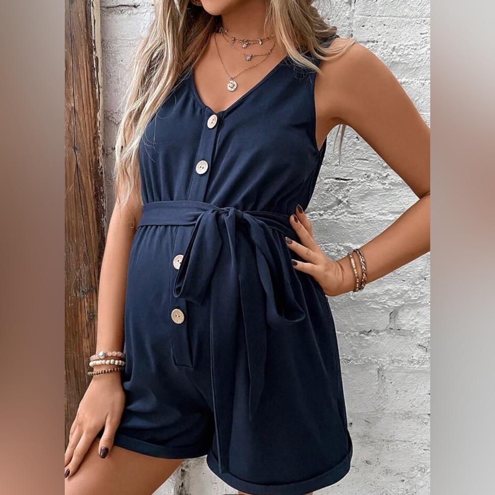 Navy Maternity Button Front Belted Tank Romper